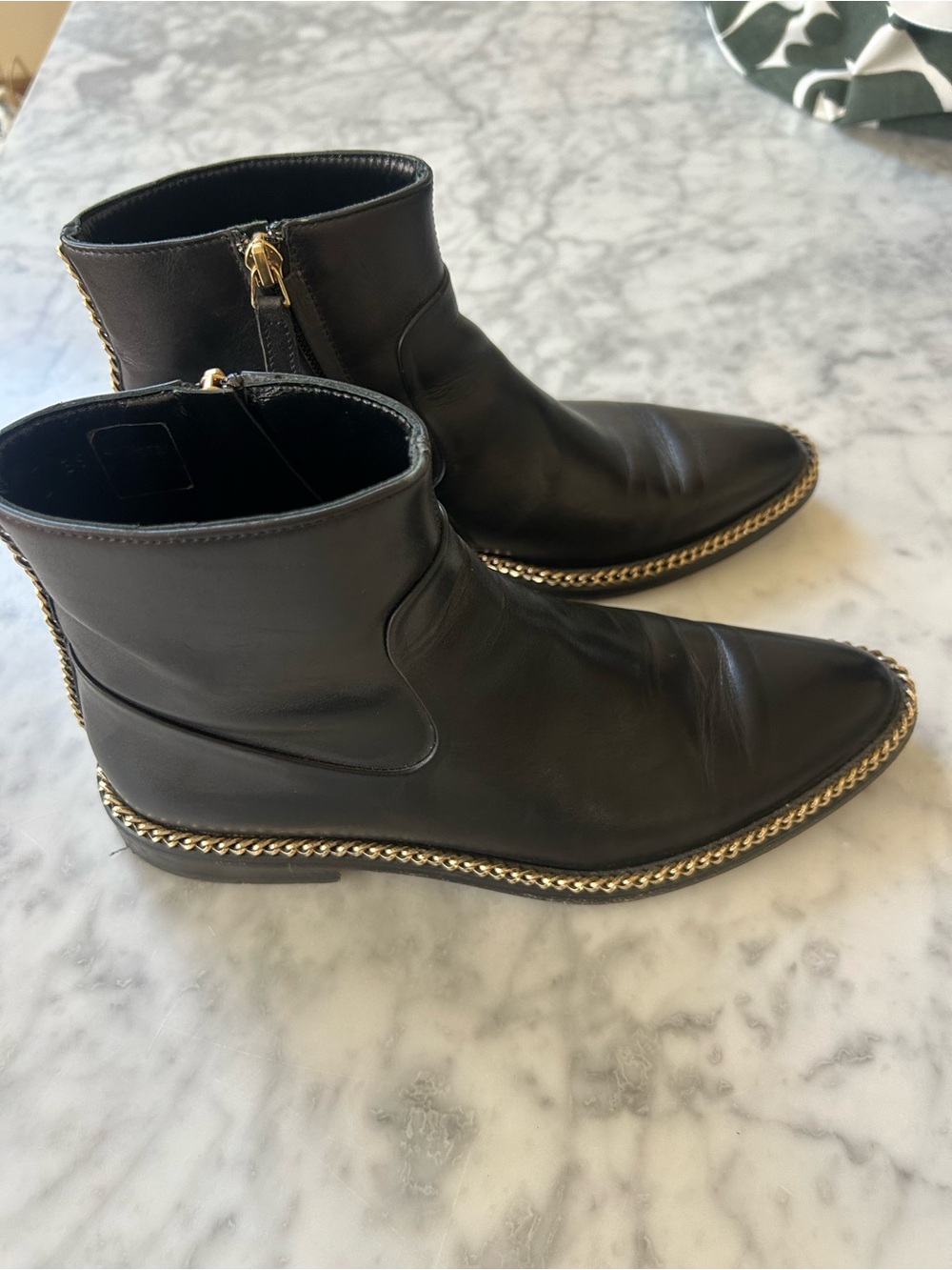 Lanvin Black Leather Ankle Boots with Gold Chain Trim. Gorgeous!